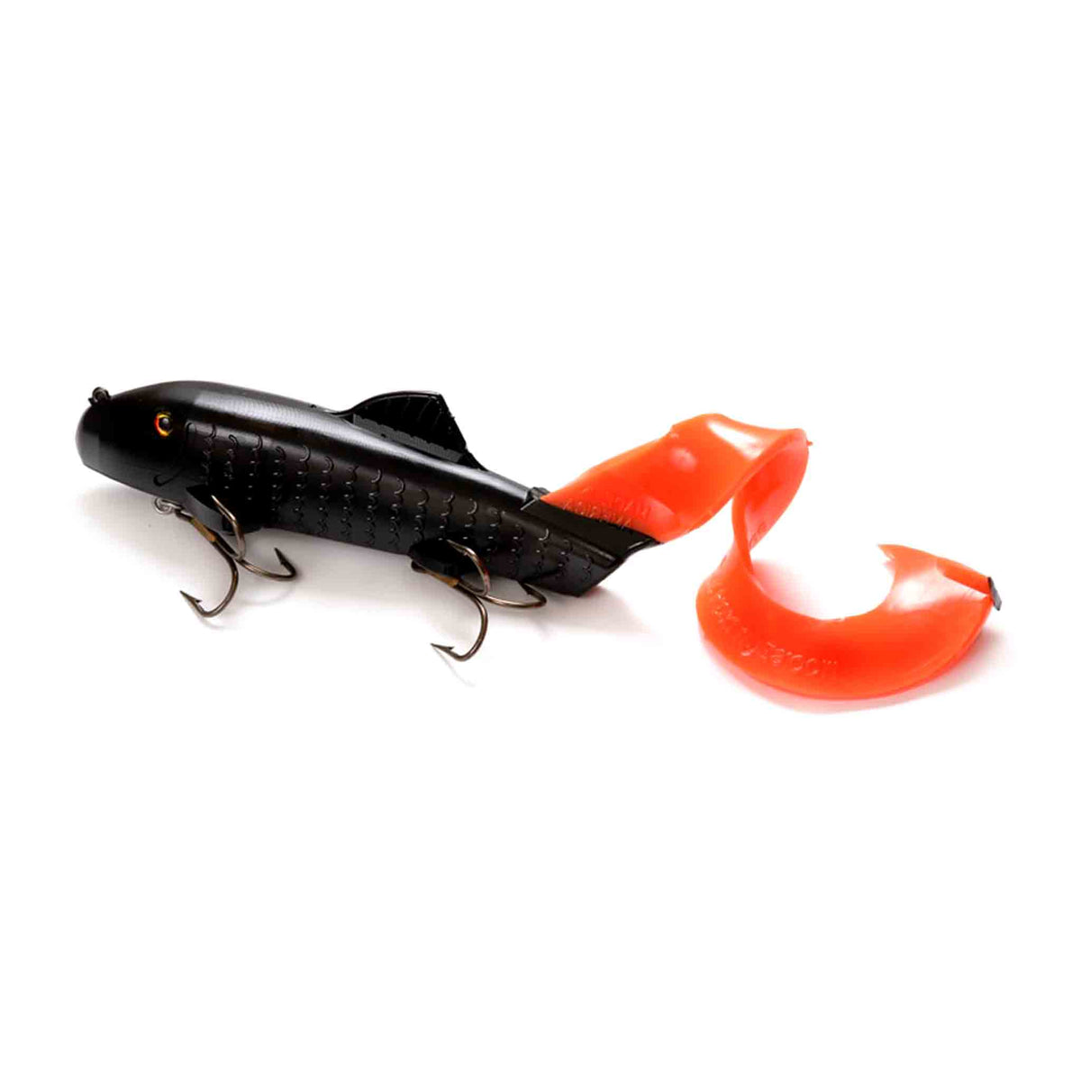 View of Rubber Suick Curly Sue 11" Black Orange Tail available at EZOKO Pike and Musky Shop