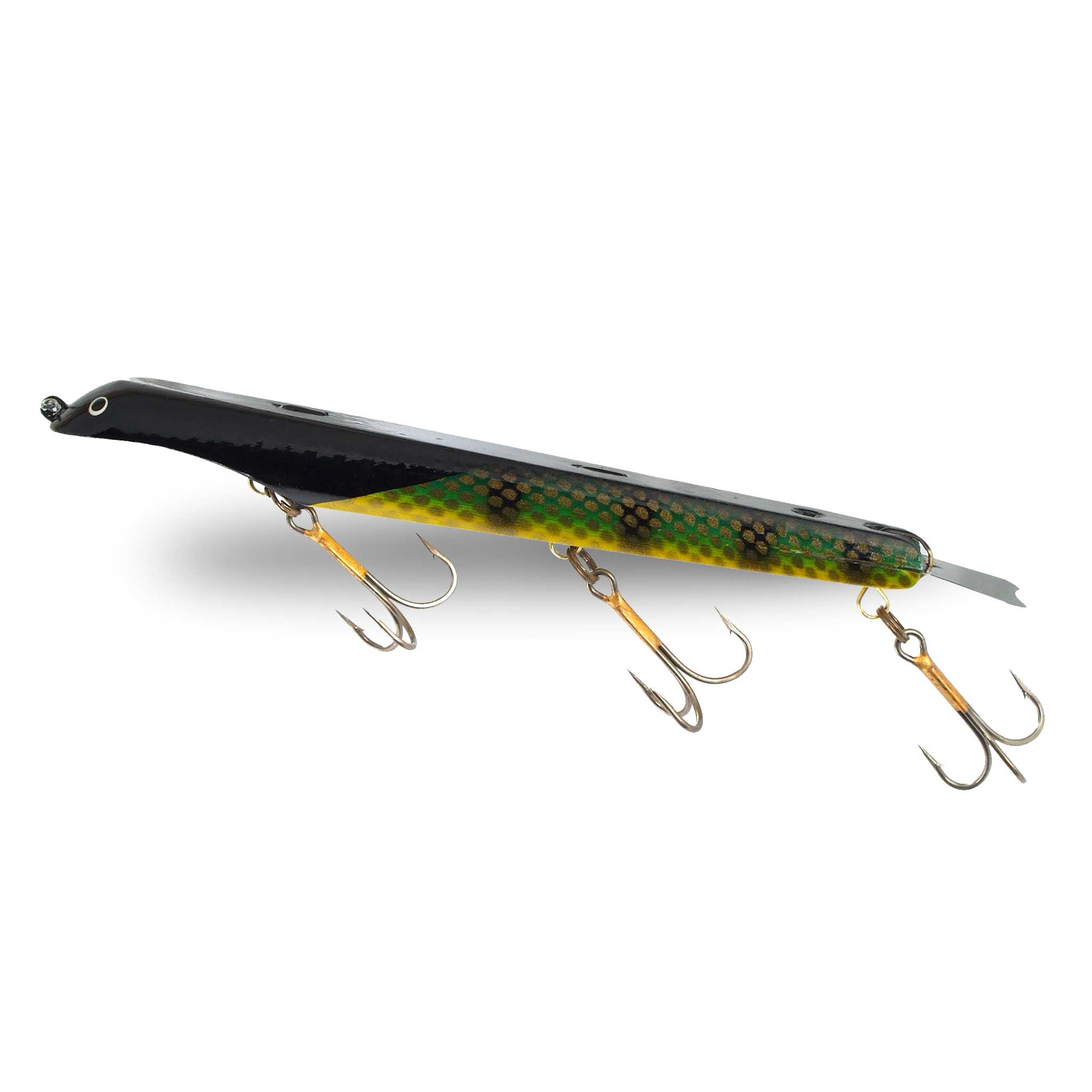 View of Dive_And_Rise Suick Non-Weighted Magnum Thriller 12" Dive And Rise Bait Yellow Perch available at EZOKO Fishing