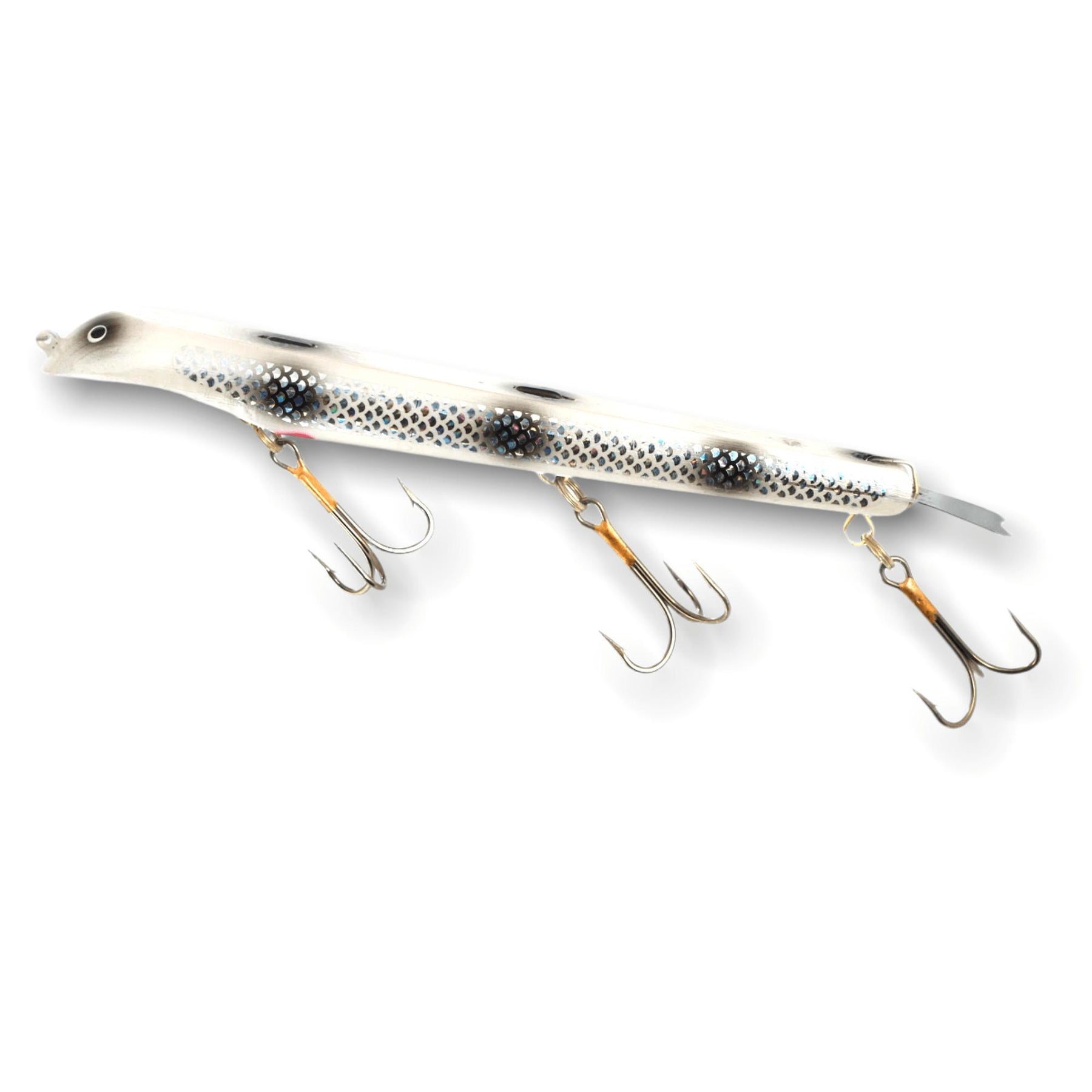 View of Dive_And_Rise Suick Non-Weighted Thriller 10" Dive And Rise Bait Holographic White available at EZOKO Pike and Musky Shop