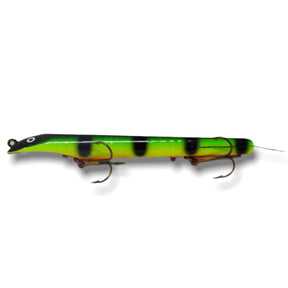 View of Dive_And_Rise Suick Non-Weighted Thriller 7" Dive And Rise Bait Fire Tiger available at EZOKO Pike and Musky Shop