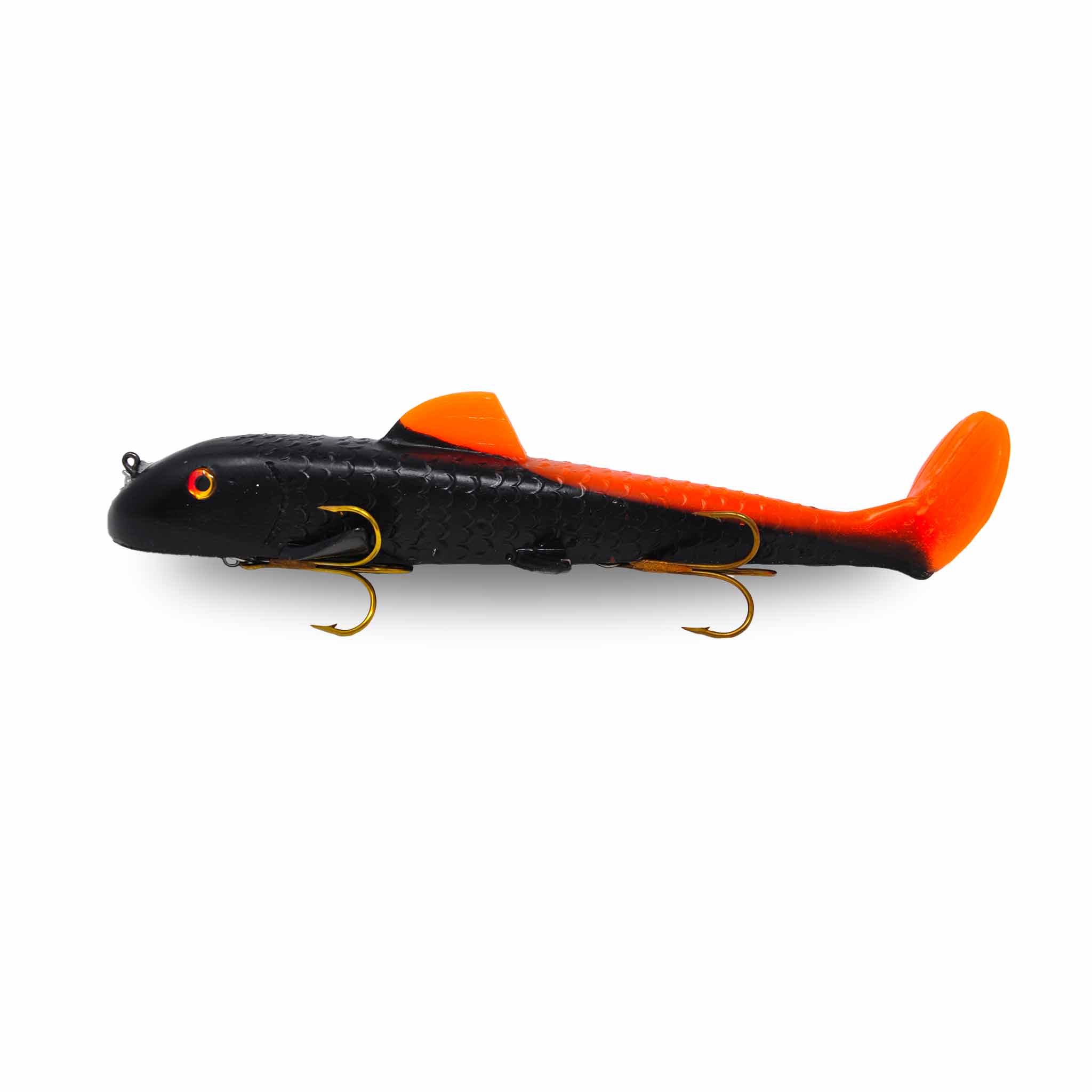 View of Rubber Suick Suzy Sucker 11" Swimbait Black Orange Tail available at EZOKO Fishing