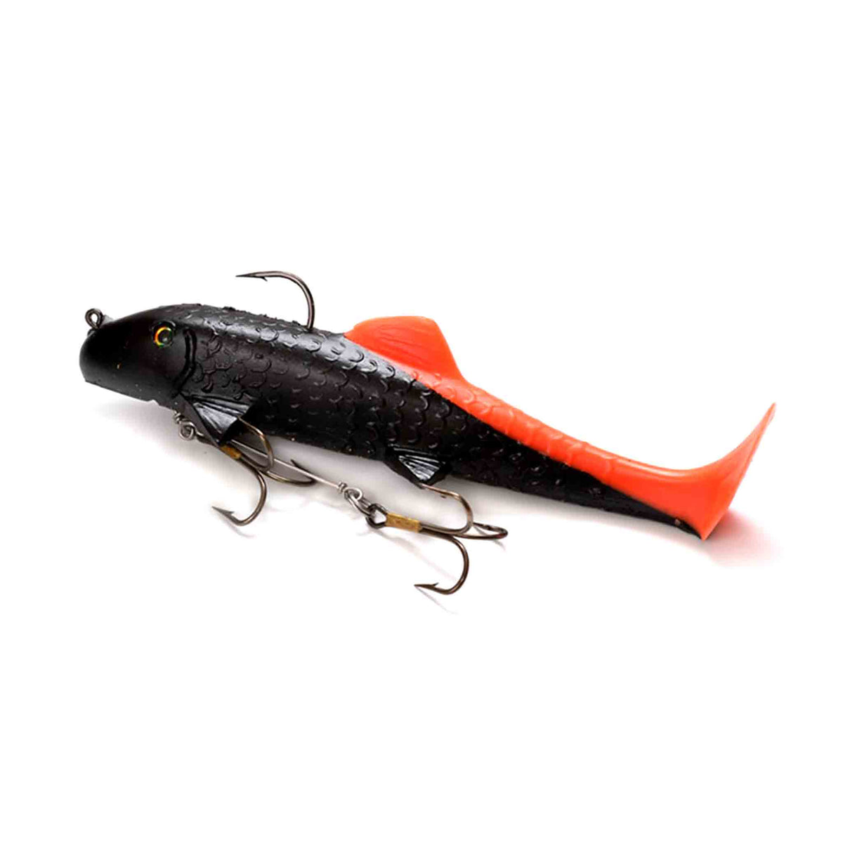 View of Rubber Suick Suzy Sucker 9" Swimbait Black Orange Tail available at EZOKO Pike and Musky Shop