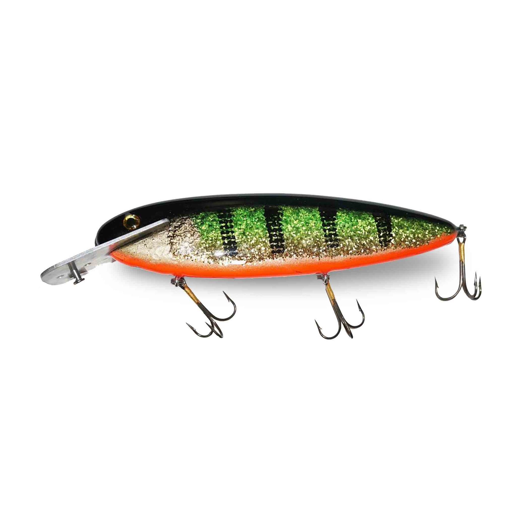 View of Crankbaits Supernatural Big Baits HeadLock 10" Orange Belly Glitter Perch available at EZOKO Pike and Musky Shop