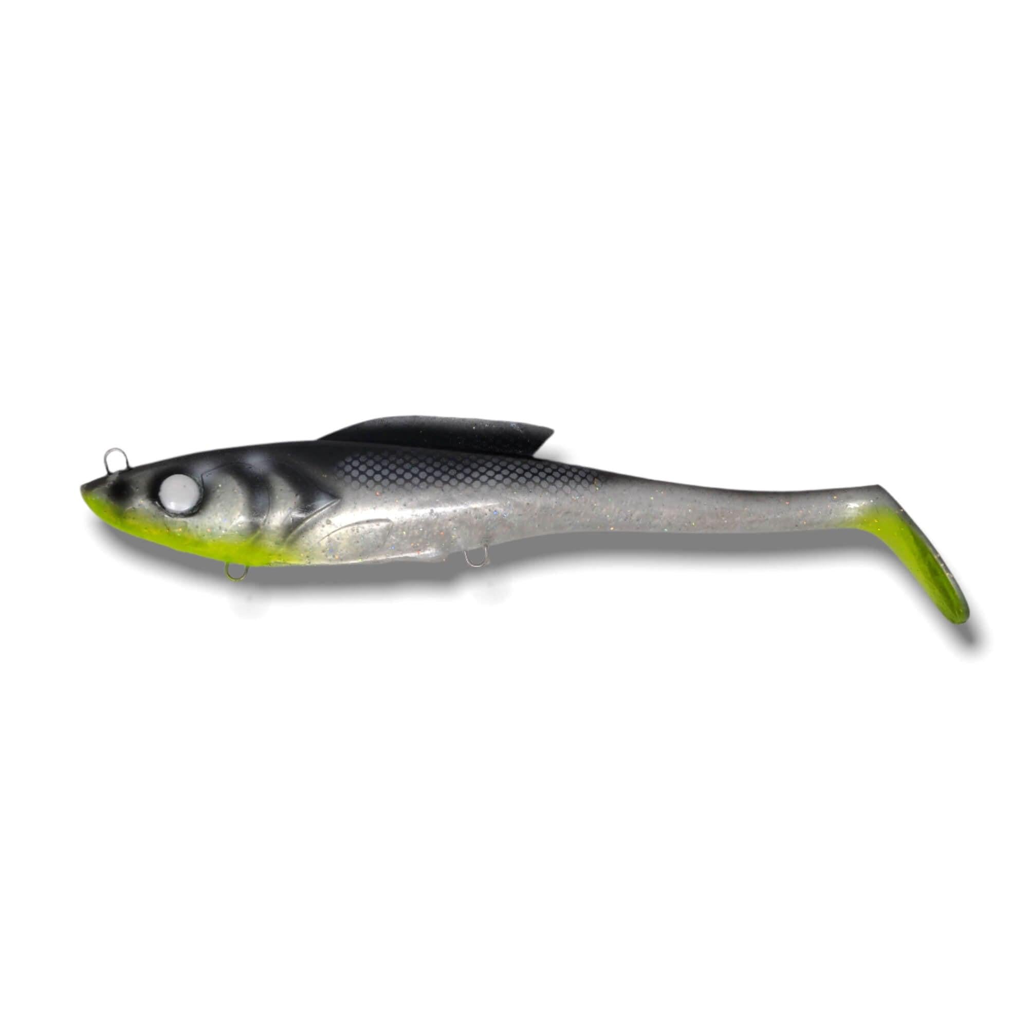 View of Swimbaits Toddy Tickle Baits 11" Warhammer Show colors Go Flek White Fish Chartreuse available at EZOKO Pike and Musky Shop