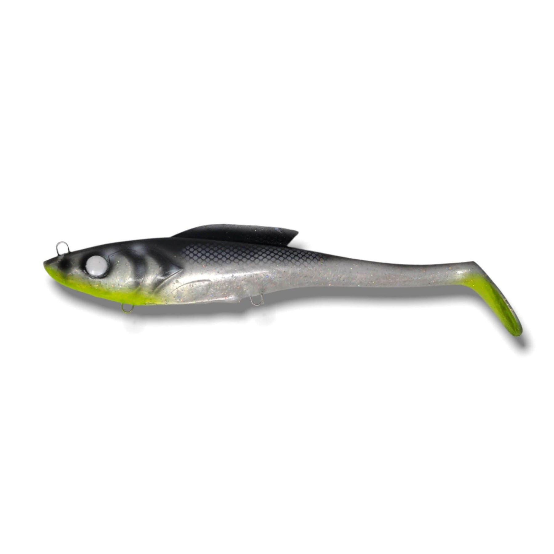 View of Swimbait Toddy Tickle Baits 14" Warhammer Show colors Go Flek White Fish Chartreuse available at EZOKO Pike and Musky Shop