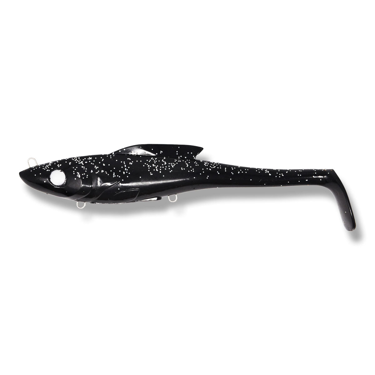 View of Toddy Tickle Baits 14" Warhammer Swimbait Black Silver available at EZOKO Pike and Musky Shop