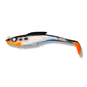 View of Toddy Tickle Baits 14" Warhammer Swimbait Black and Orange Magic available at EZOKO Pike and Musky Shop