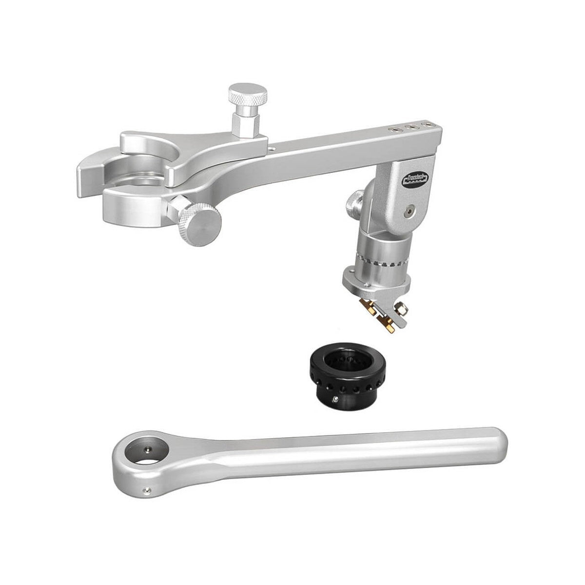 View of boating_accessories Traxstech Aluminum Transducer Mount Assembly on a 45 Degree Bracket Sliver available at EZOKO Pike and Musky Shop