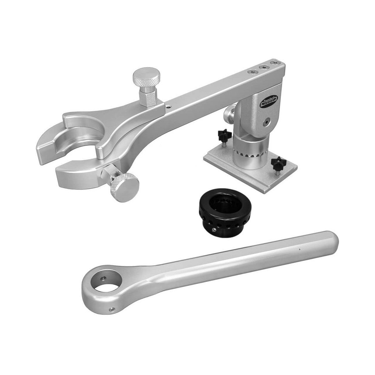 View of boating_accessories Traxstech Aluminum Transducer Mount portable with 5' pole and track mount Silver available at EZOKO Pike and Musky Shop