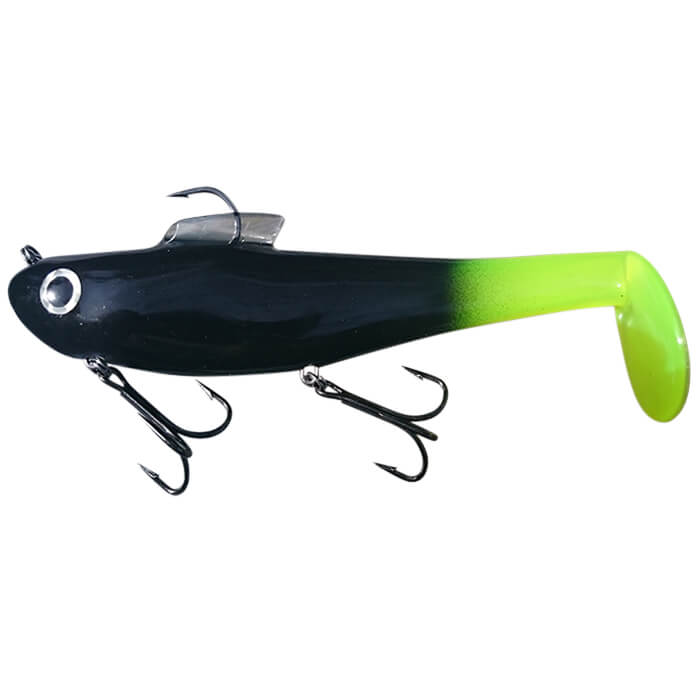 View of Rubber Water Wolf Lures Shadzilla 9.5'' Black Chartreuse available at EZOKO Pike and Musky Shop