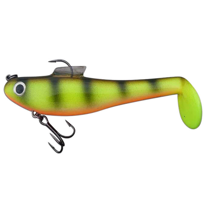 View of Rubber Water Wolf Lures Shadzilla Jr 7'' Hot Perch available at EZOKO Pike and Musky Shop