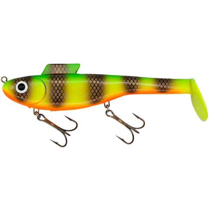 View of Water Wolf Lures Shadzilla Mid SB (Solid Body) 9.5" Swimbait Electric Perch available at EZOKO Pike and Musky Shop