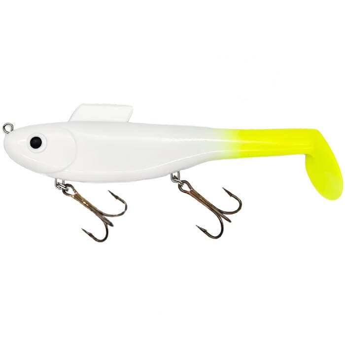 View of Water Wolf Lures Shadzilla Mid SB (Solid Body) 9.5" Swimbait Lemon Tail available at EZOKO Pike and Musky Shop