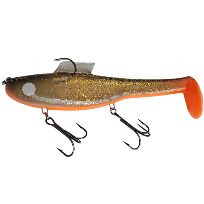 View of Rubber Water Wolf Lures Shadzilla Shallow 9.5'' Hot Ghost Flash Walleye available at EZOKO Pike and Musky Shop