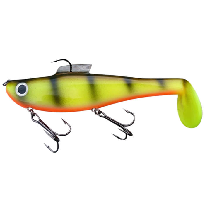 View of Rubber Water Wolf Lures Shadzilla Shallow 9.5'' Hot Perch available at EZOKO Pike and Musky Shop