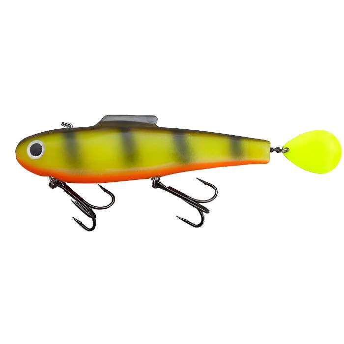 View of Rubber Water Wolf Lures Shadzilla V Hot Perch available at EZOKO Pike and Musky Shop