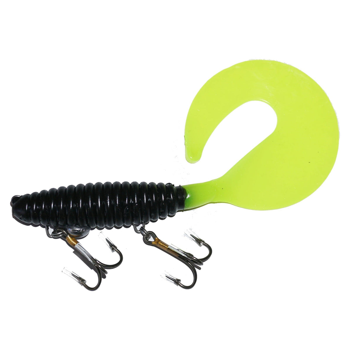 View of Rubber Whale Tail Plastics 11" Black / Chartreuse Tail available at EZOKO Pike and Musky Shop