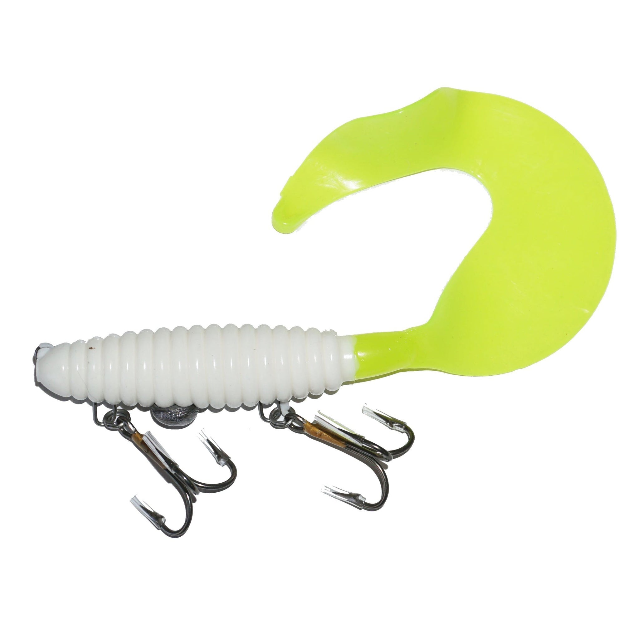 View of Rubber Whale Tail Plastics 11" White / Lemon Tail available at EZOKO Fishing