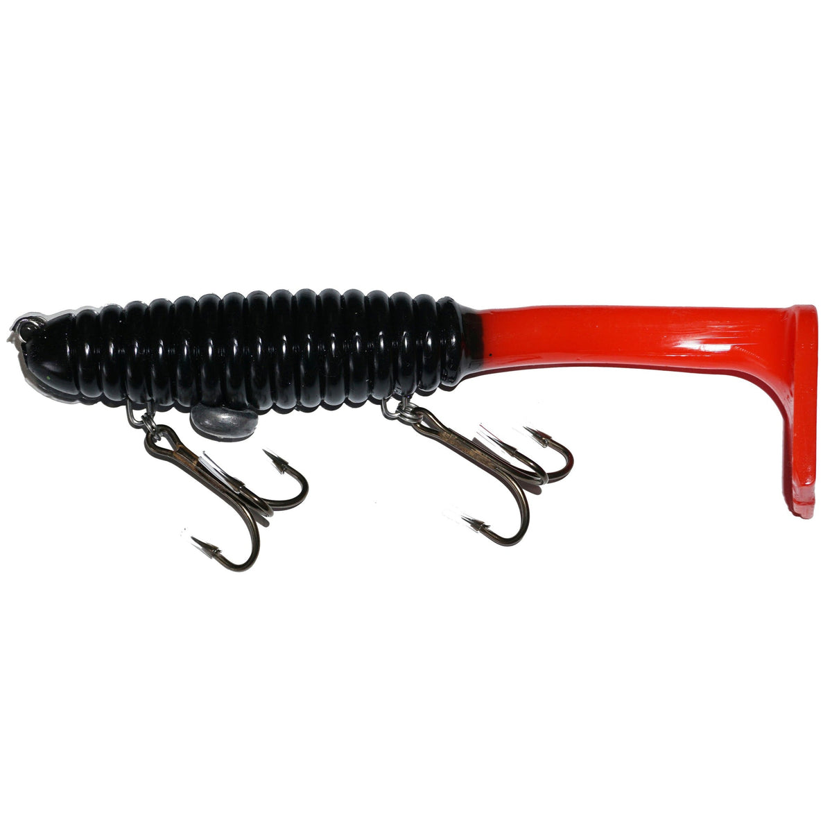 View of Rubber Whale Tail Plastics Phat Tail Black / Orange Tail available at EZOKO Pike and Musky Shop