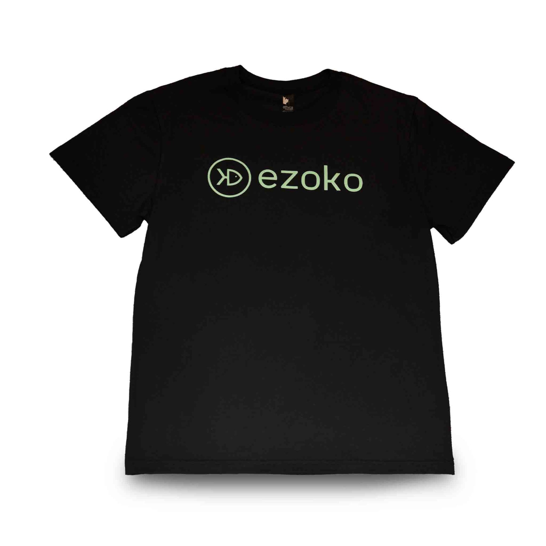 Front view of the black EZOKO t-shirts with green Ezoko logo on the chest
