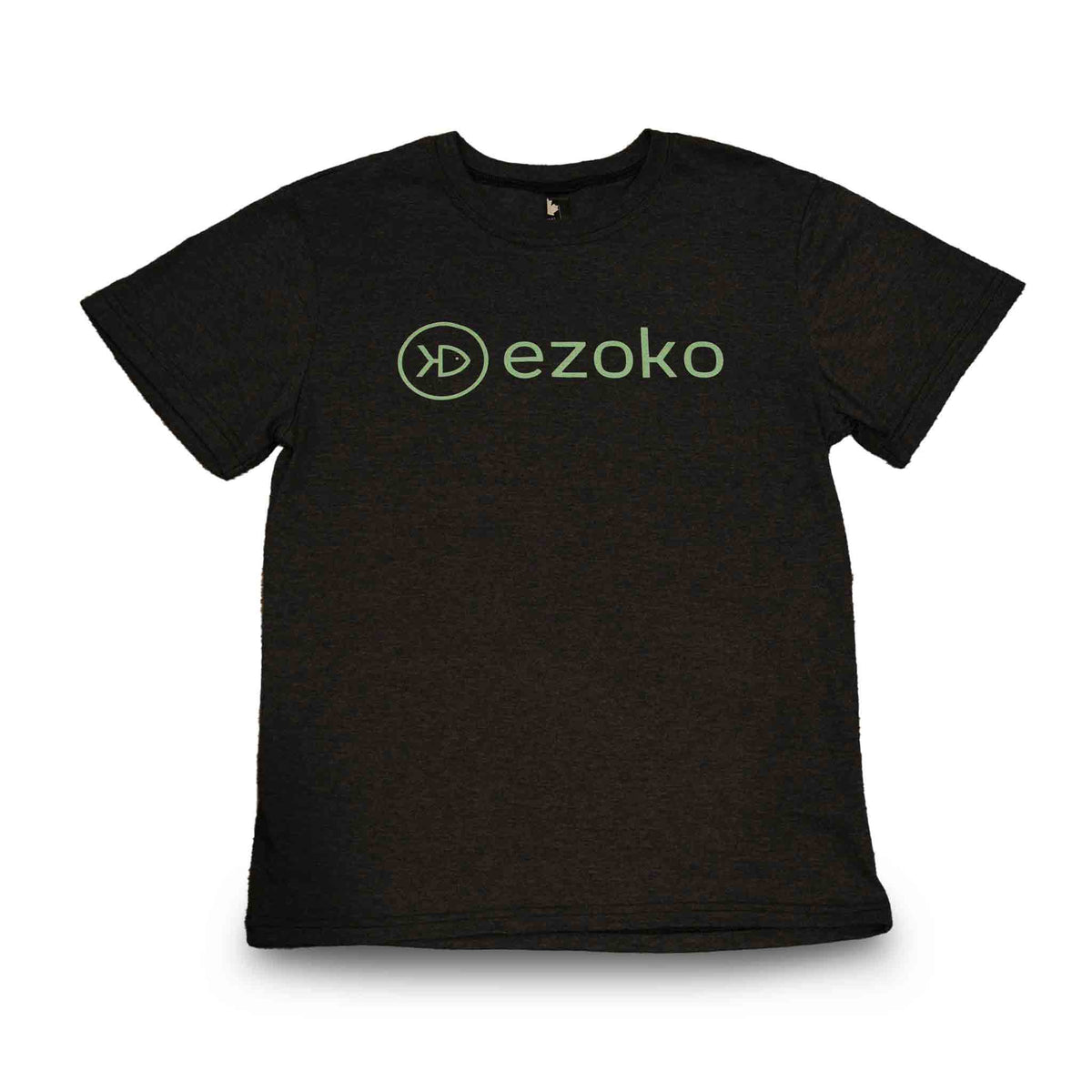 Front view of the charcoal EZOKO t-shirts with green Ezoko logo on the chest