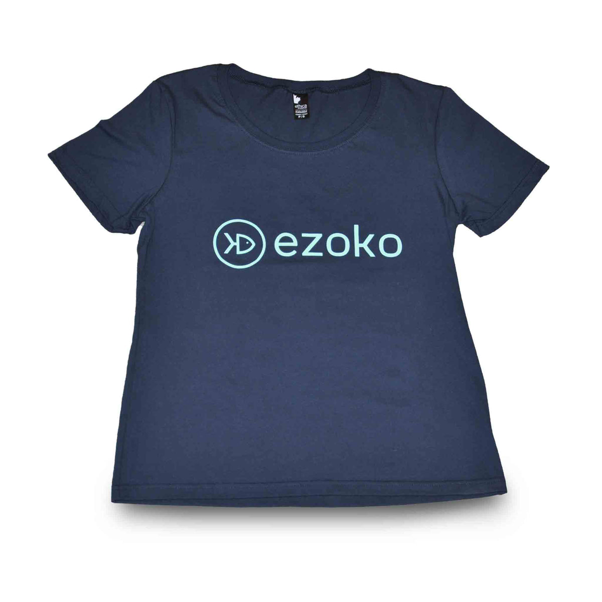 Front view of women EZOKO t-shirt with green EZOKO logo on the chest, color navy blue