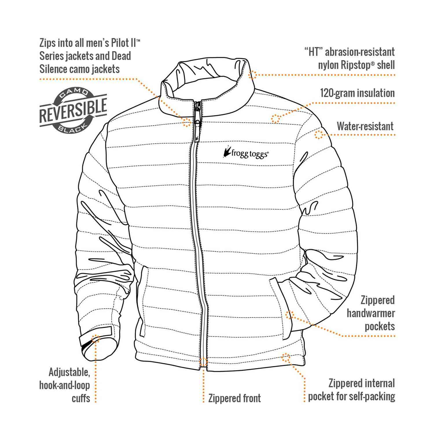 Frogg Toggs Co-Pilot Insulated Puff Jacket, Water Resistant, Black, Compatible w/Frogg Toggs Pilot II Series Jackets