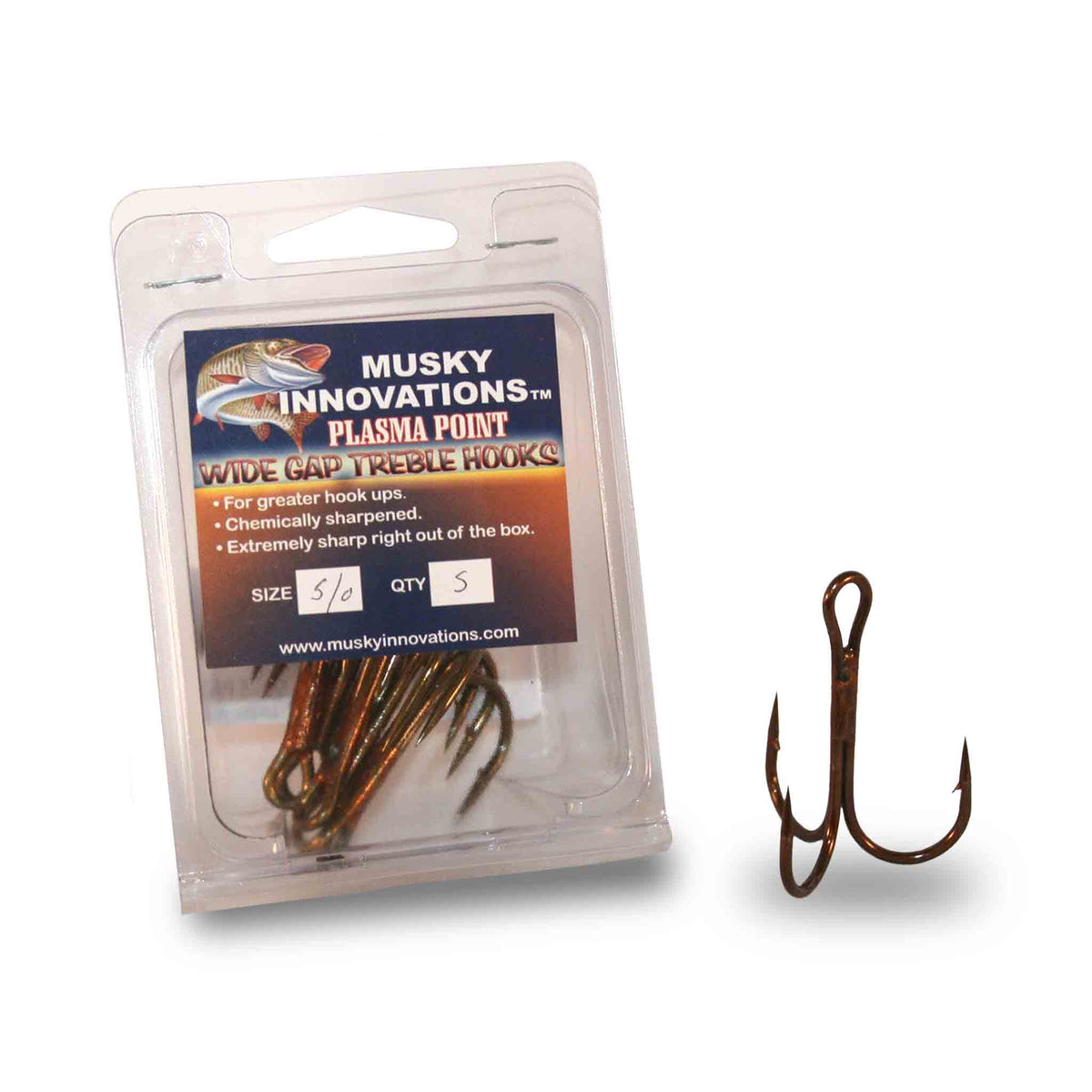 View of Hooks Musky Innovations Plasma Point Wide Gap Treble Hooks available at EZOKO Pike and Musky Shop